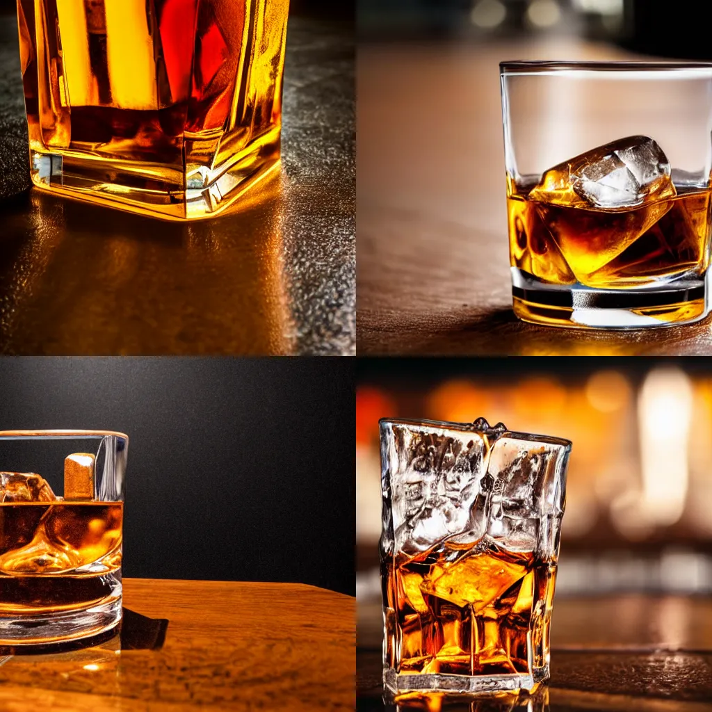 Prompt: close up of a glass of whiskey with ice on an oak surface of a bar in a cafe, warm colors, dark background, high contrast, hyperdetailed, modern art