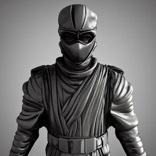 Image similar to 3 d rendering of marble and chrome statue of ninja wearing full face mask and hunter hat, dramatic pose, combat suit, technological, octane render