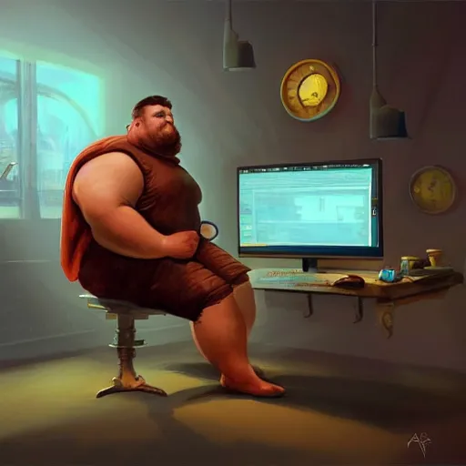 Image similar to a insanely detailed painting of a slightly overweight man wearing a homemade superhero costumed, sitting at a computer desk, nervously and clicking on the mouse, in the style of peter mohrbacher, dramatic lighting and composition, trending on artstation, concept art, comic book, graphic novel