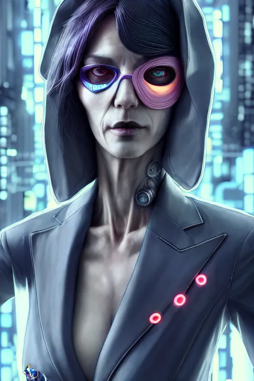 Image similar to hyperdetailed very close portrait of a european fourty years old skinny woman with grey eyes in a fabric suit with a pin in a cyberpunk city inspired by ross tran and wlop and masamune shirow and kuvshinov, concept art, intricate, photorealistic, octane render, rtx, hdr, unreal engine, dnd digital art by artgerm