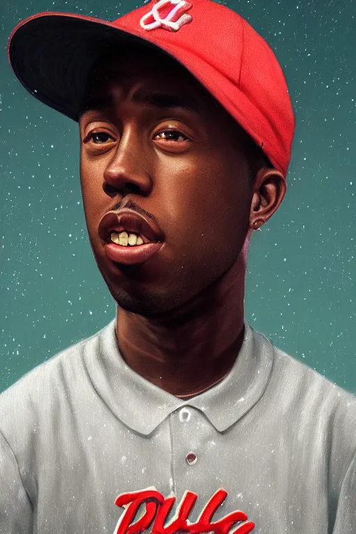 Image similar to photorealistic portrait of tyler the creator with baseball hat, staring directly into camera, intricate, elegant, glowing lights, highly detailed, digital painting, artstation, sharp focus, illustration, art by wlop, mars ravelo and greg rutkowski