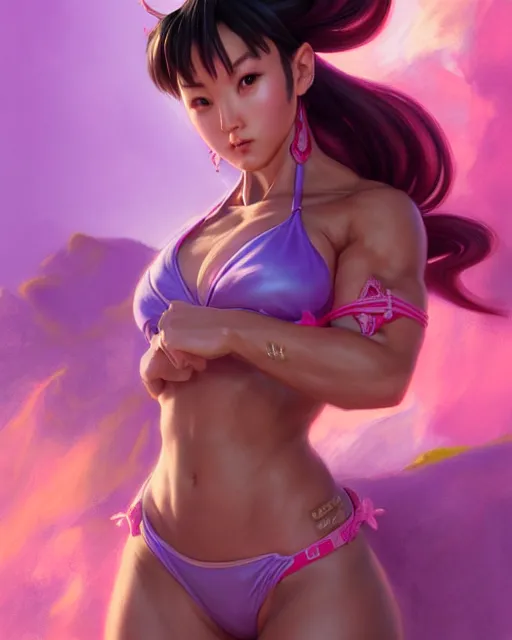 Prompt: play of the game of chun li wearing pink bikini, perfect face, brown hair, abs, cinematic, stunning, cute, adorable, strong, highly detailed, psychedelic, digital painting, artstation, smooth, hard focus, illustration, art by jessica rossier and and brian froud