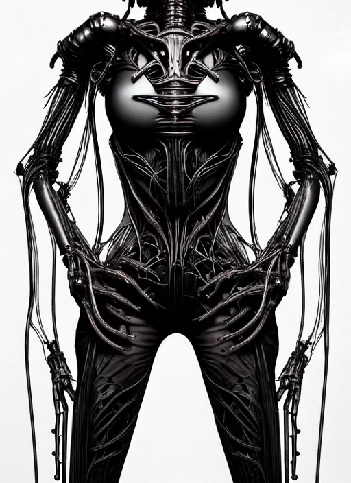 Image similar to gothic inflateble dark dress, perfect symmetrical body, helmet on face, full body shot, alien, plant predator, guyver, giger, wires, tubes, veins, jellyfish, white biomechanical details, wearing epic bionic cyborg implants, masterpiece, intricate, biopunk, vogue, highly detailed, artstation, concept art