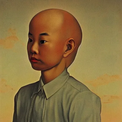 Image similar to bald chinese boy surrealism art