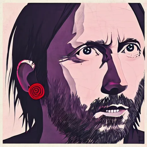 Prompt: thom yorke with sharingan in left eye, pretty face, more details, style by naruto,