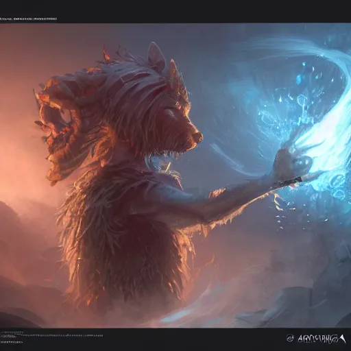 Image similar to Dog, Anthropomorphized, casting epic spell, magic the gathering artwork, D&D, fantasy, cinematic lighting, centered, symmetrical, highly detailed, digital painting, artstation, concept art, smooth, sharp focus, illustration, volumetric lighting, epic Composition, 8k, art by Akihiko Yoshida and Greg Rutkowski and Craig Mullins, heroic pose, oil painting, cgsociety, magic lab background