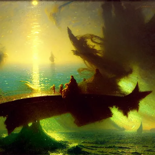 Image similar to point of view of deep in the ocean looking up, you see fishes, the milk way, night time, midnight, no sunlight. highly detailed painting by gaston bussiere, greg rutkowski 8 k