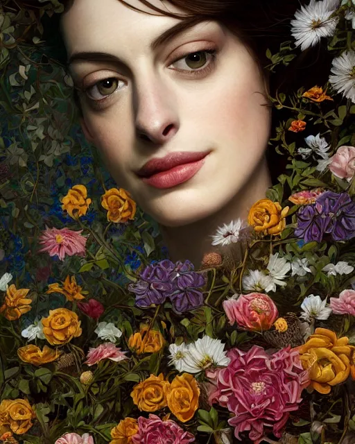 Prompt: portrait of anne hathaway, surrounded by flowers by karol bak, james jean, tom bagshaw, rococo, sharp focus, trending on artstation, cinematic lighting, hyper realism, octane render, 8 k, hyper detailed.