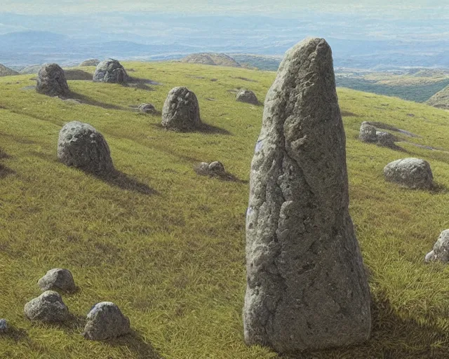 Image similar to a high hill landscape with a circle of large stones in the shape of a finger on the top, by ted nasmith