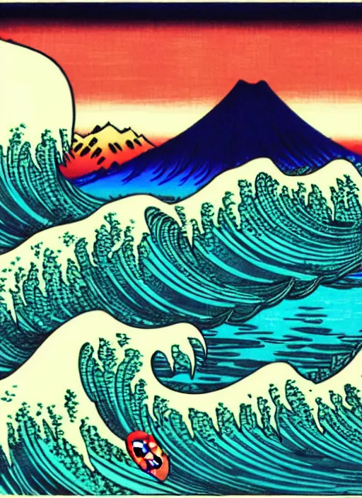 Image similar to a painting of waves in the ocean with mountains in the background, a woodcut by utagawa hiroshige ii, pixiv, ukiyoe, ukiyoe, vaporwave, woodcut