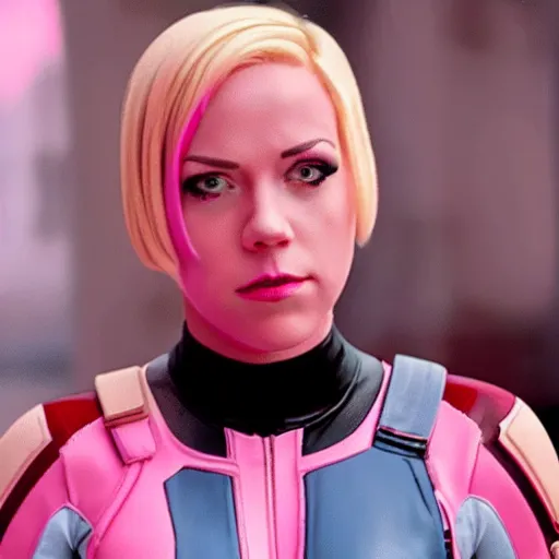 Prompt: A still of Gwenpool in Deadpool 3 (2023), blonde hair with pink highlights, no mask, looking directly at the camera