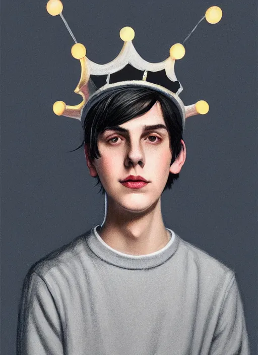 Image similar to portrait of teenage jughead jones wearing a light grey crown, photorealistic, crown, eyes closed, crown, black hair, sweater with letter s on it, letter s, intricate, elegant, glowing lights, highly detailed, digital painting, artstation, concept art, smooth, sharp focus, illustration, art by wlop, mars ravelo and greg rutkowski