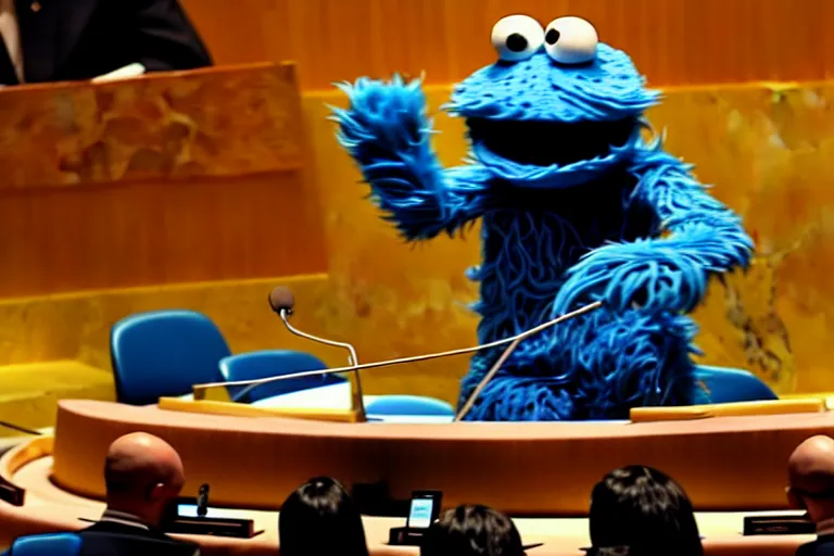 Image similar to Cookie Monster addressing the UN