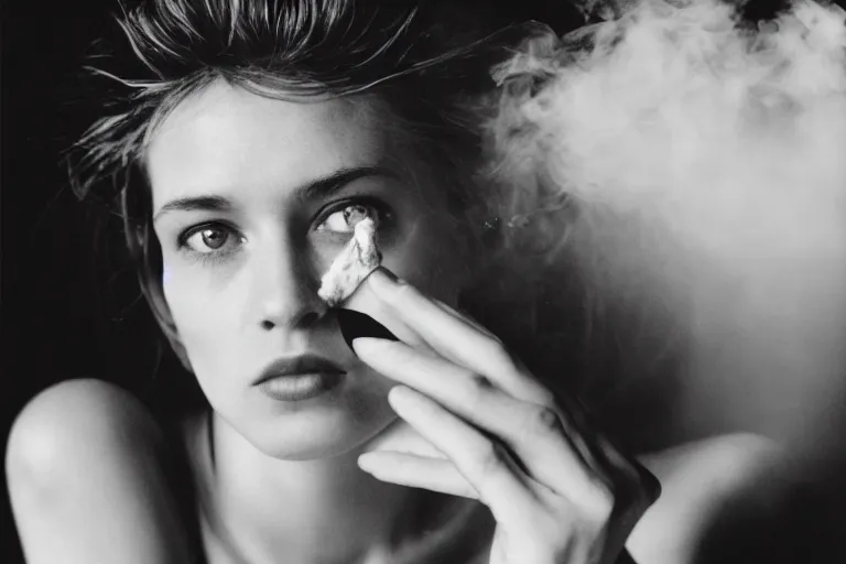 Image similar to close up, black and white portrait, beautiful white woman with bright blue eyes smoking, Peter Lindbergh, 35mm, film photo