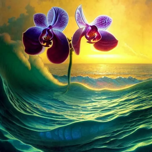 Image similar to detailed giant orchid flower surrounded by ocean wave, lsd water, ripples, transparent droplets, backlit, sunset, refracted lighting, art by collier, albert aublet, krenz cushart, artem demura, alphonse mucha