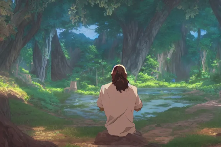 Prompt: a portrait of jesus praying, pokemon scenery, fantasy by dan mumford, yusuke murata and makoto shinkai, 8 k, cel shaded, unreal engine, featured on artstation, pixiv