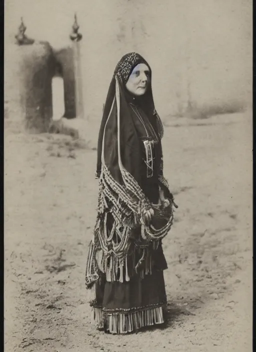 Prompt: vintage photo of a beautiful Romanian woman in traditional clothing standing near a pilar, 1911