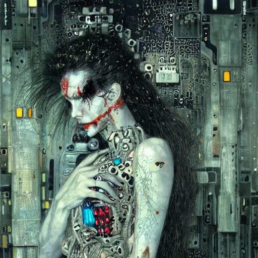 Image similar to depraved cybernetic vampire trapped in circuitry, intricate detail, klimt, miro, royo, whealan,