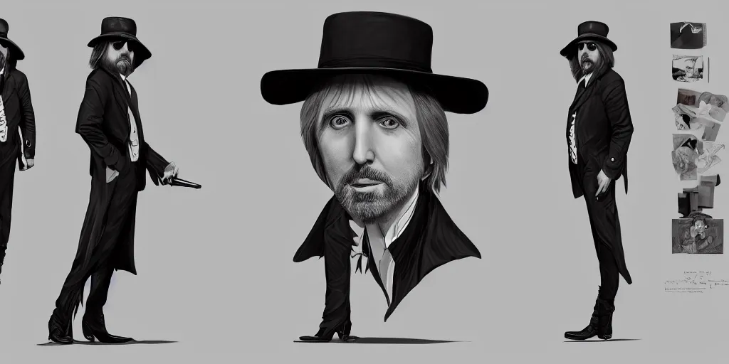 Prompt: tom petty as a 2 0 s roving gambler, character sheet, concept design, contrast, hot toys, kim jung gi, greg rutkowski, zabrocki, karlkka, jayison devadas, trending on artstation, 8 k, ultra wide angle, pincushion lens effect