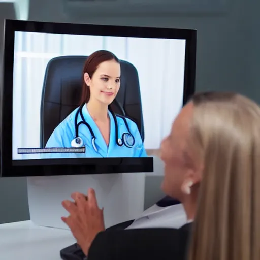 Prompt: A doctor providing a consultation via video technology, stock photo, high quality