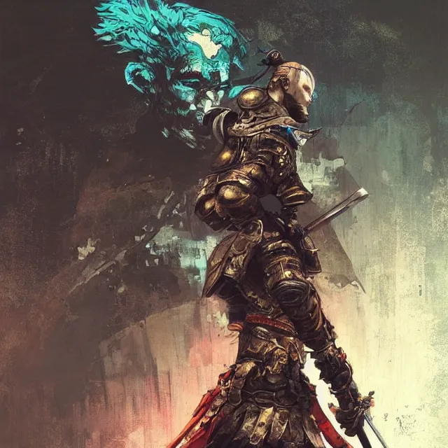 Image similar to lone samurai in cyan armor, art by yoshikita amano, ruan jia, yoji shinkawa, trending on artstation, very very detailed, beautiful, amazing quality, breathtaking artwork