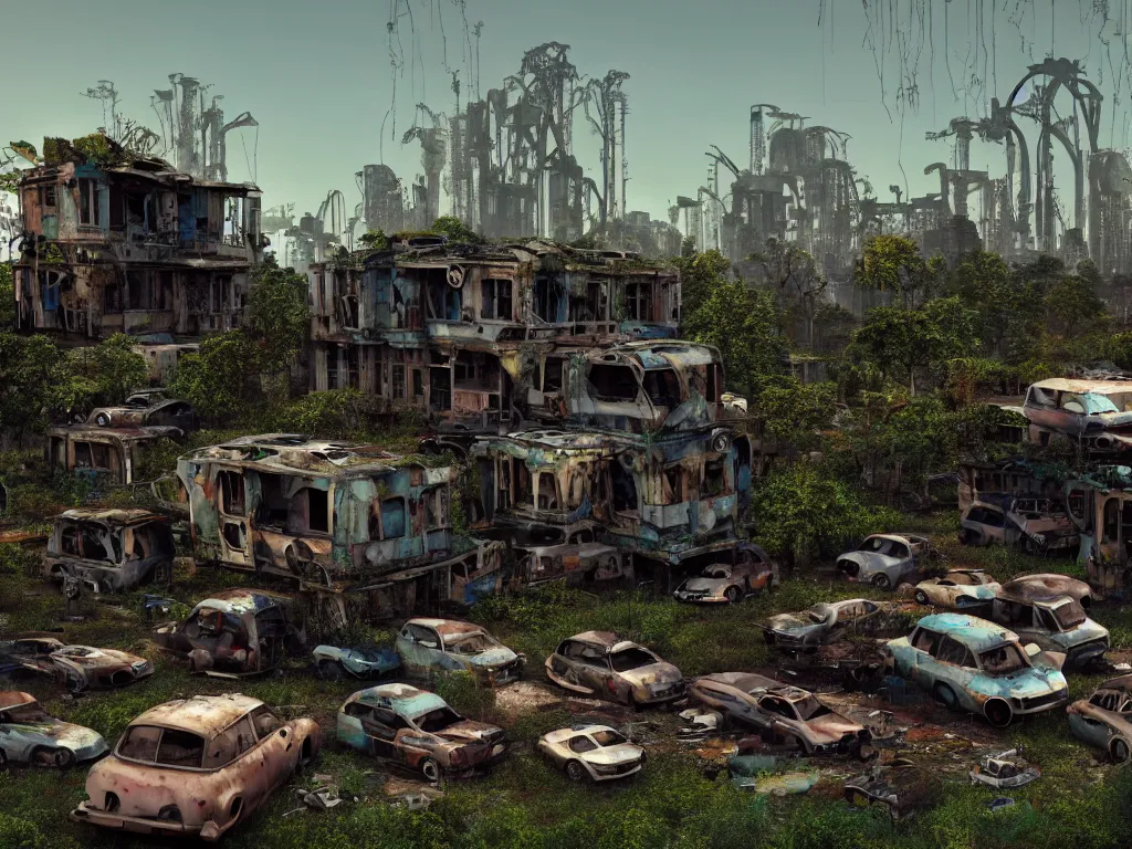 Image similar to beautiful house made from junkyard scrap parts, in an abandoned car lot overgrown, junk architectural, futuresynth, scrapyard architecture, blender, morning, ruined city in the background, trending on artstation