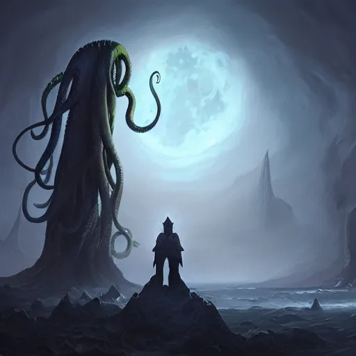 Prompt: a digital painting of cthulu standing in the distance, silhuette, huge creature, face with tentacles, back lighting, dramatic scene, detailed, night time, full moon, in the style of greg rutkowski