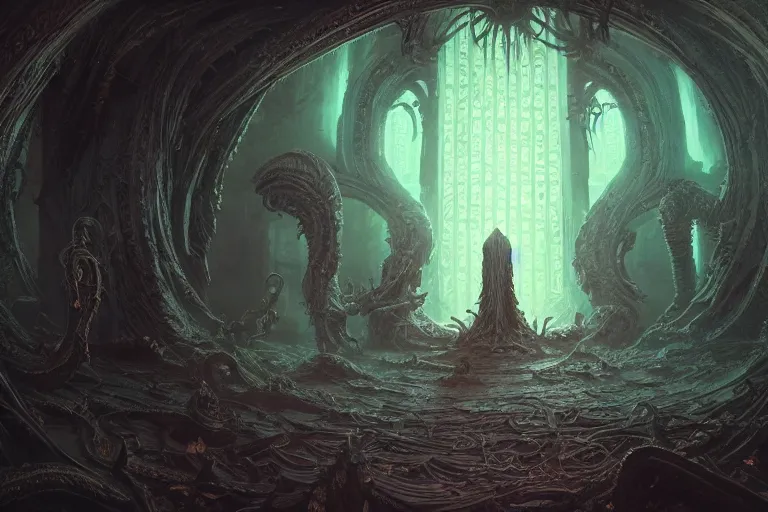 Image similar to center view of extremely detailed intricate concept art of hooded necromancer in front of a lovecraft portal, wide - angle portrait photography, by android jones and greg rutkowski, synthwave color scheme, cinematic lighting, dark vibes, trending on artstation, beautiful composition, intricate, elegant, pro photography by, highly detailed, gaston bussiere, craig mullins