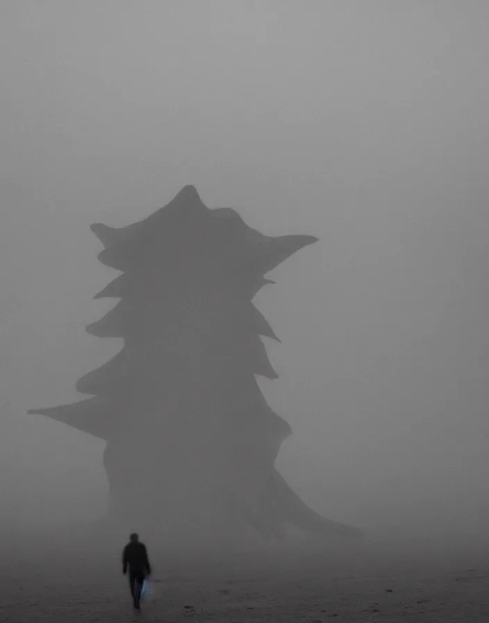 Image similar to very low - resolution found footage of a couple escaping in the city from a starfish kaiju monster, fog, foggy, korean film noir, monochrome, red hue, thriller, underdeveloped, epic, dramatic