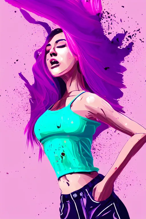 Image similar to a award winning half body porttrait of a beautiful woman in a croptop and cargo pants with ombre purple pink teal hairstyle with head in motion and hair flying, paint splashes, splatter, outrun, vaporware, shaded flat illustration, digital art, trending on artstation, highly detailed, fine detail, intricate