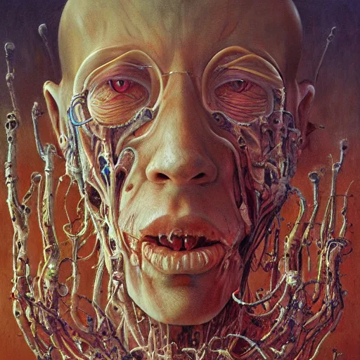 Prompt: the nostalgia critic portrait, body horror, biopunk, creative design, oil on canvas, zdzisław beksinski, marco mazzoni, peter gric