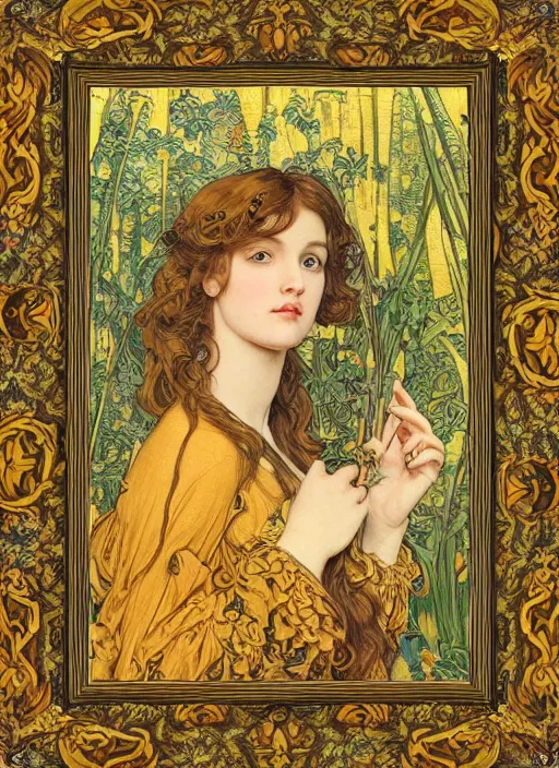 Image similar to masterpiece beautiful seductive flowing curves pose preraphaelite portrait photography, extreme closeup shot, straight bangs, thick set features, yellow ochre ornate medieval dress, amongst foliage mushroom forest arch, william morris and kilian eng and mucha, framed, 4 k