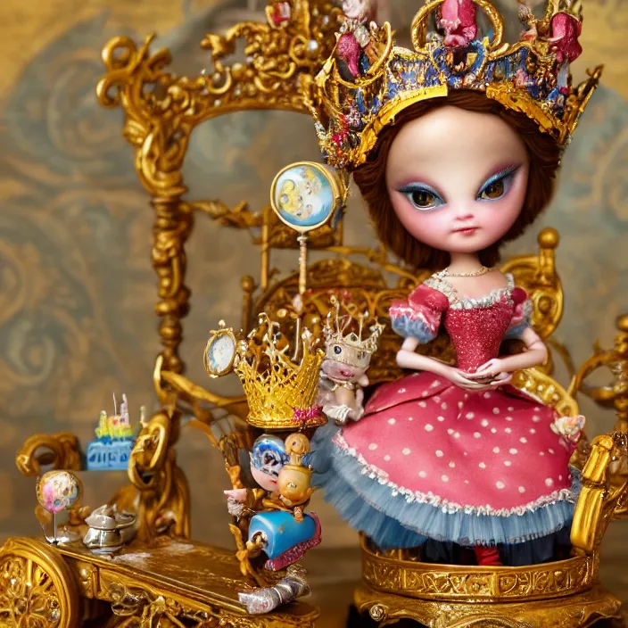 Prompt: highly detailed closeup, portrait of a tin toy fairytale princess sitting on a throne wearing a crown eating cakes, unreal engine, nicoletta ceccoli, mark ryden, earl norem, lostfish, global illumination, detailed and intricate environment