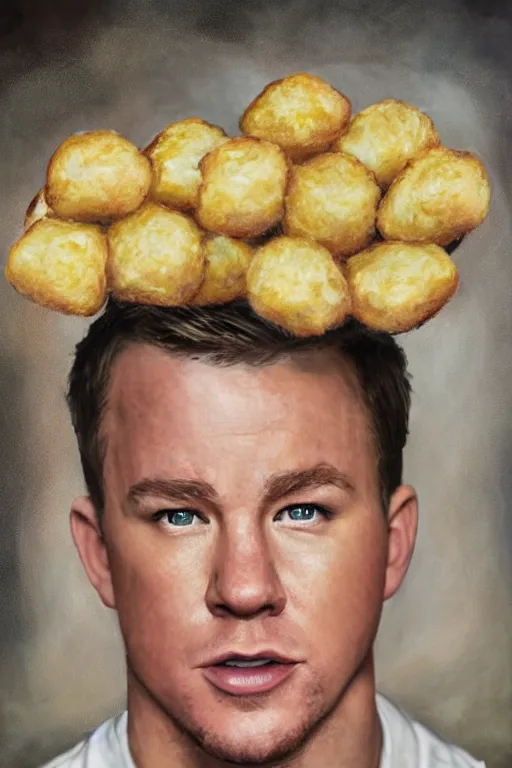 Prompt: a tater tot with channing tatum face, tater tot channing tatum, oil on canvas, intricate, 8 k highly professionally detailed, hdr, cgsociety