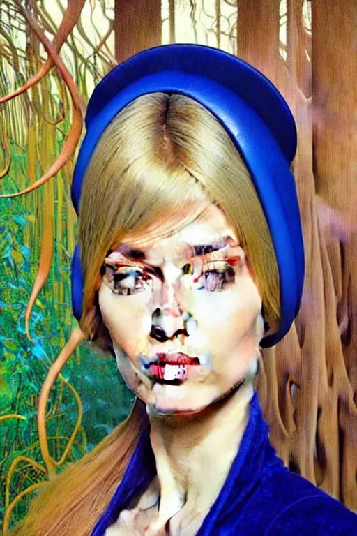 Image similar to realistic detailed face portrait painting of a beautiful hailey bieber with blond hair with sci-fi headwear, futuristic sci-fi forest on background by Jean Delville, Amano, Yves Tanguy, Alphonse Mucha, Edward Robert Hughes, Roger Dean, moebius, hilma af klint, rich moody colours, blue eyes