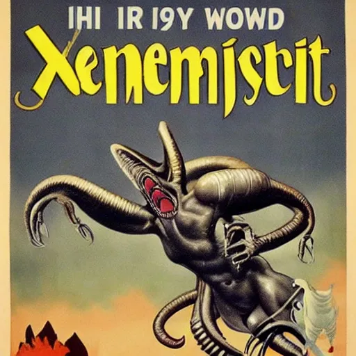 Image similar to 1930s poster of a xenomorphic worm