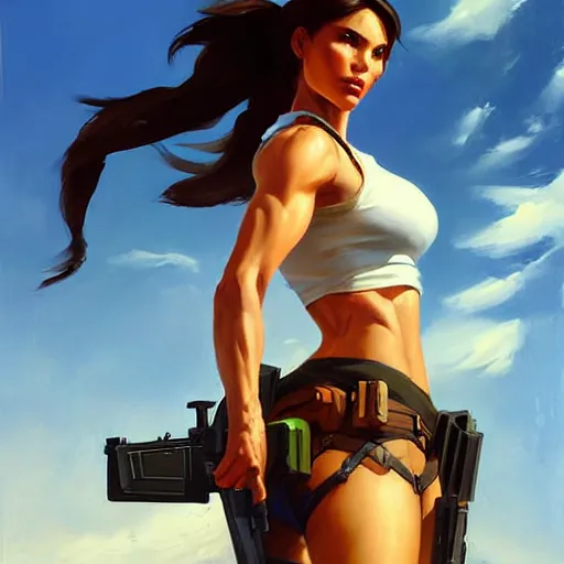 Image similar to Greg Manchess portrait painting of Lara Croft as Overwatch character, medium shot, asymmetrical, profile picture, Organic Painting, sunny day, Matte Painting, bold shapes, hard edges, street art, trending on artstation, by Huang Guangjian and Gil Elvgren and Sachin Teng