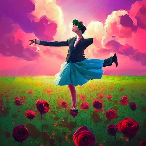 Image similar to portrait, giant rose flower head, girl dancing in a suit, surreal photography, sunrise, blue sky, dramatic light, impressionist painting, digital painting, artstation, simon stalenhag