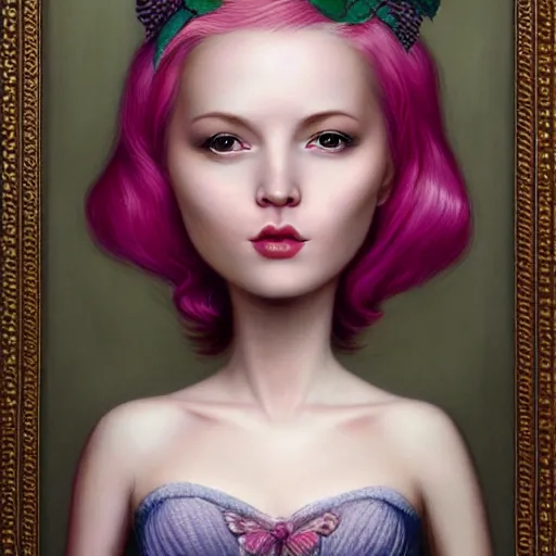 Image similar to a portrait of a beautiful woman with pink hair by mark ryden insanely quality, elegant, highly detailed, digital painting, artstation,, concept art, pop, smooth, sharp focus, illustration, art by mark ryden and 3 d 8 k ultra detailed