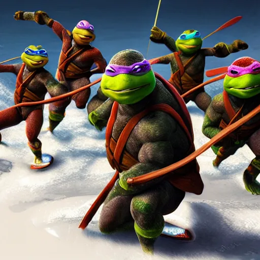 Prompt: the ninja turtles surfing on snow, digital art, trending in artstation, cinematic lighting, studio quality, smooth render, unreal engine 5 rendered, octane rendered, art style and nixeu and wlop and krenz cushart