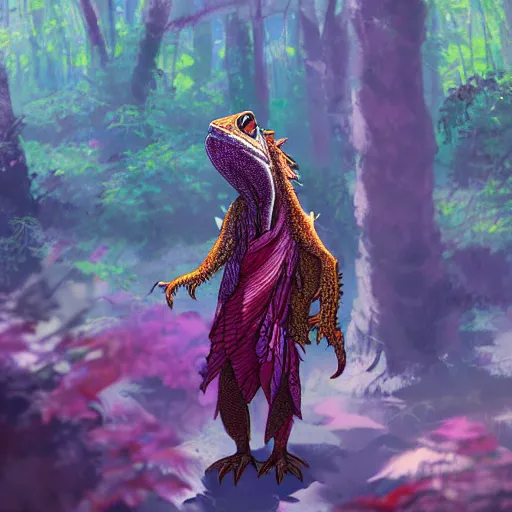 Image similar to concept art painting of an anthropomorphic anime style bearded dragon wearing magenta wizard robes, in the deep forest, realistic, detailed, cel shaded, in the style of makoto shinkai and greg rutkowski and james gurney