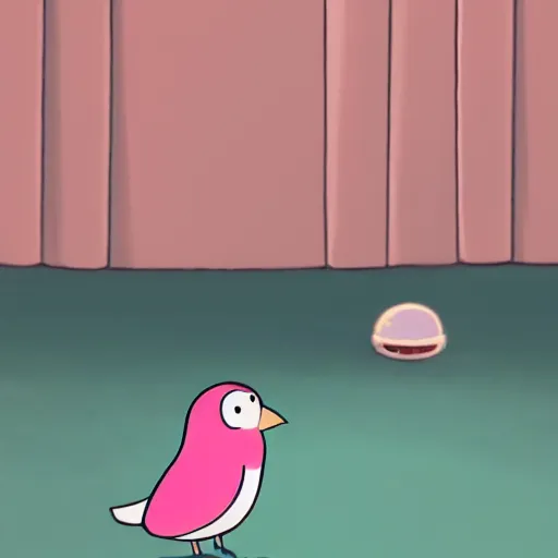 Prompt: screenshot of animated movie with a round pink bird character with short hairs and bangs, borb, animated character, oil painting, cute