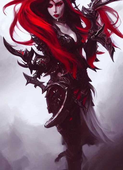 Image similar to a highly detailed illustration of fierce beautiful long white haired horned demon woman wearing red and black battle dress, dramatic imposing pose, intricate, elegant, highly detailed, centered, digital painting, artstation, concept art, smooth, sharp focus, league of legends concept art, wlop.