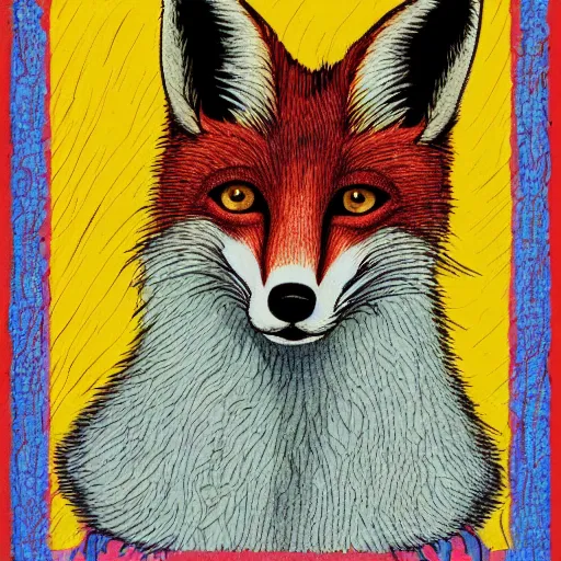 Image similar to portrait of retarded fox, eyes in different directions, rabies, propaganda style, vivid colors, very detailed