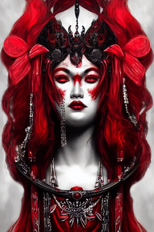 Image similar to portrait of the blood goddess, enigmatic beauty, dominant shades of crimson and red and black, oriental silver ornaments, artstation