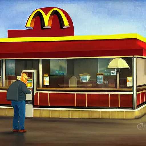 Prompt: oil digital painting of walter white at mcdonalds by ina wong