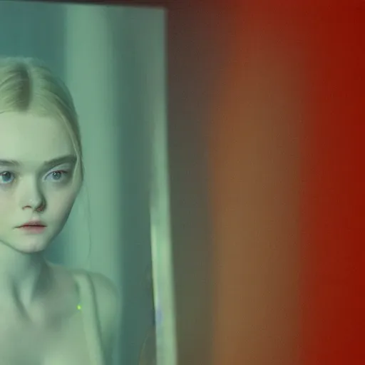 Image similar to silhouette of a Elle Fanning gazing in a mirror, pitch black room, extremely detailed masterpiece, oil on canvas, low-key neon lighting, artstation, Blade Runner 2049, Roger Deakin’s cinematography, by Julia Soboleva,