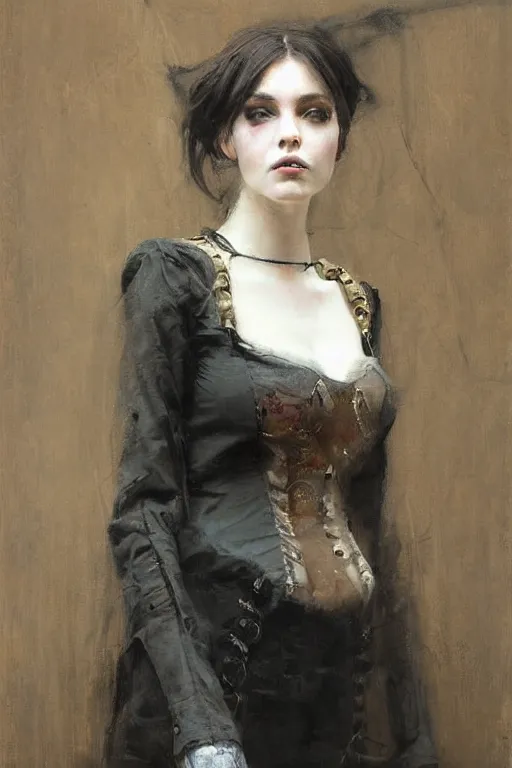 Prompt: Richard Schmid and Jeremy Lipking full length portrait painting of a young beautiful victorian steampunk vampire detective woman