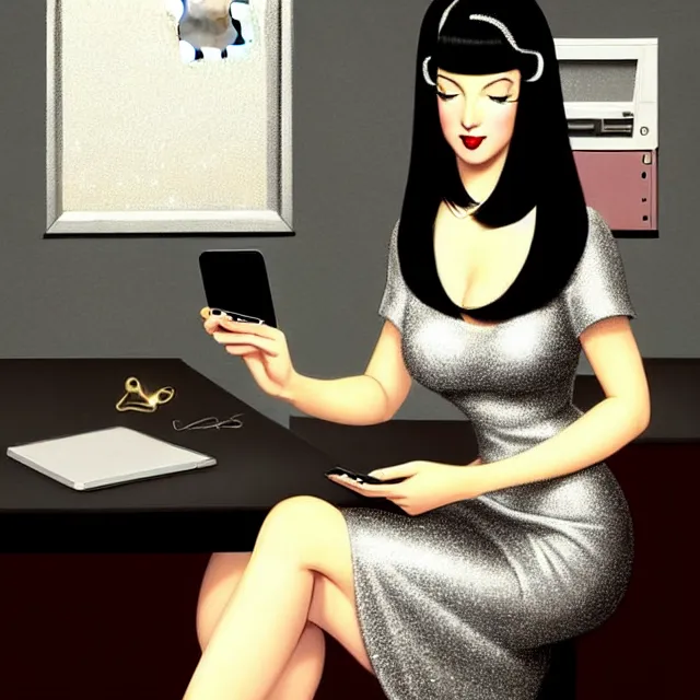 Prompt: epic professional digital art Key visual of a stunningly attractive office admin with straight black hair in a sparkly silver dress looking at her iphone, office background, by Gil Elvgren and Dorian Cleavanger, best on artstation, cgsociety, wlop, Behance, pixiv, cosmic, epic, stunning, gorgeous, much detail, much wow, masterpiece