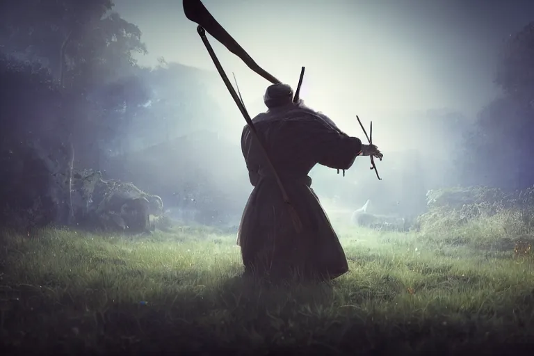 Prompt: concept art, festival on a stage, man with scythe, traditional romanian clothing, dramatic lighting, beautiful, volumetric lighting, colorful, octane render